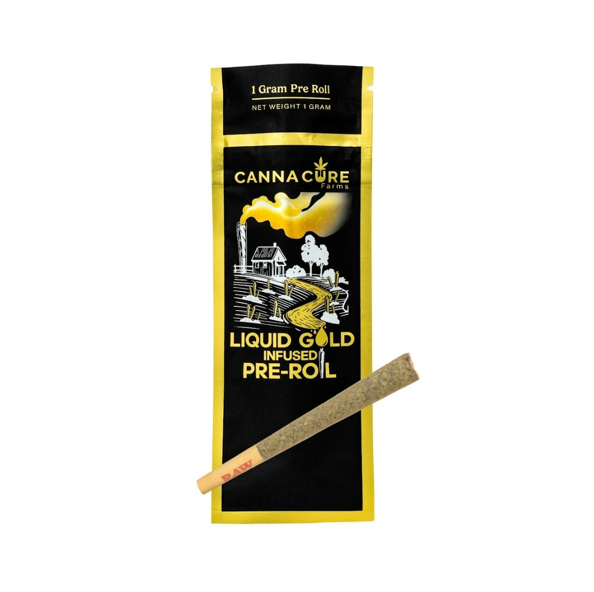Canna Cure Farms Liquid Gold infused pre-roll pouch with a cone