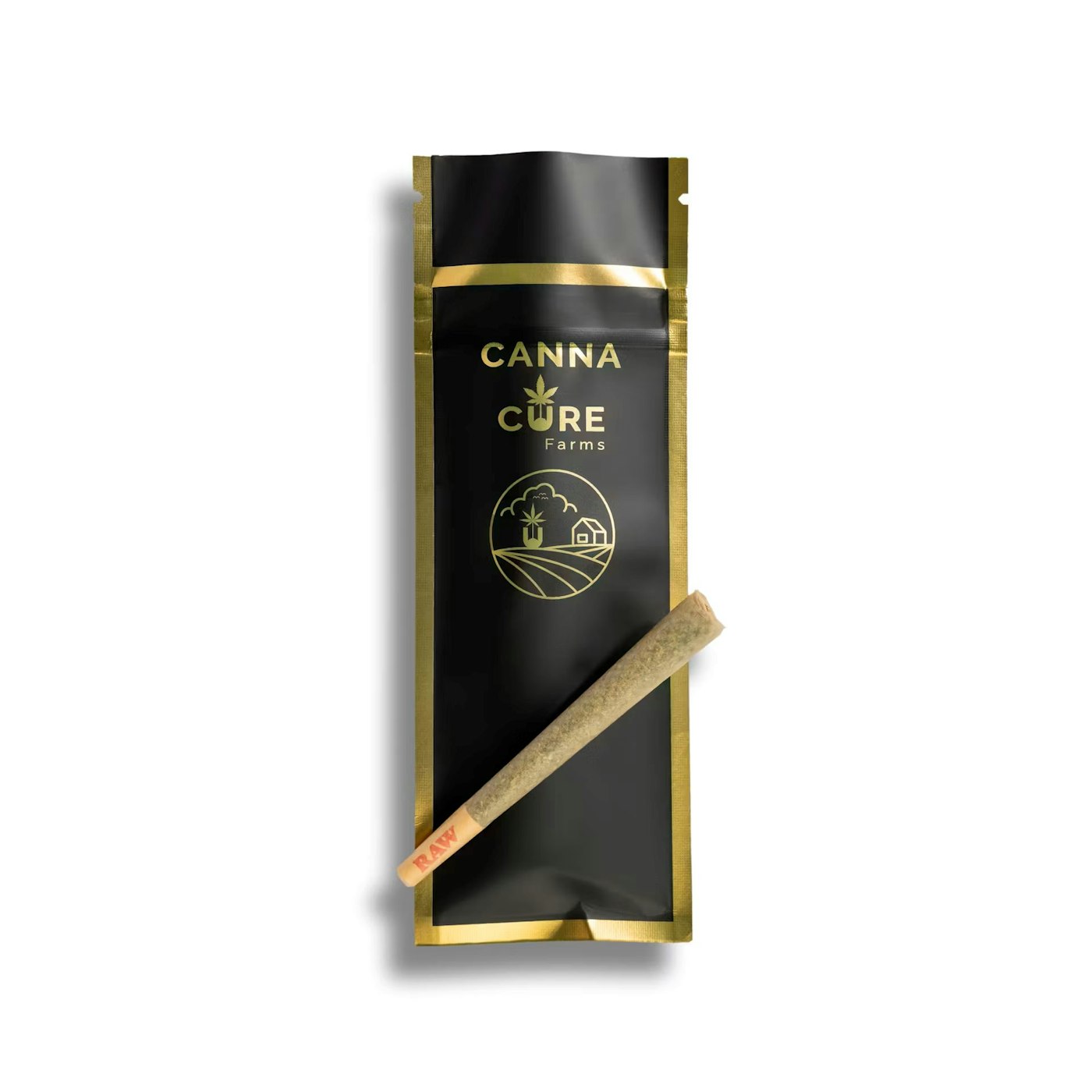 Canna Cure Farms pre-roll — black & gold pouch with a RAW cone